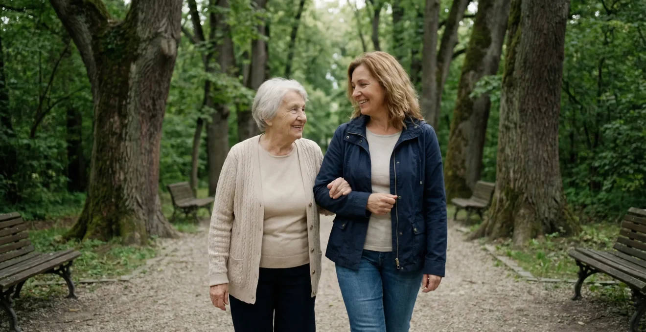 Femme accompagnant sa mère âgée lors d'une promenade dans un parc arboré des Yvelines