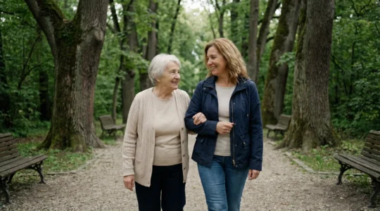 Femme accompagnant sa mère âgée lors d'une promenade dans un parc arboré des Yvelines