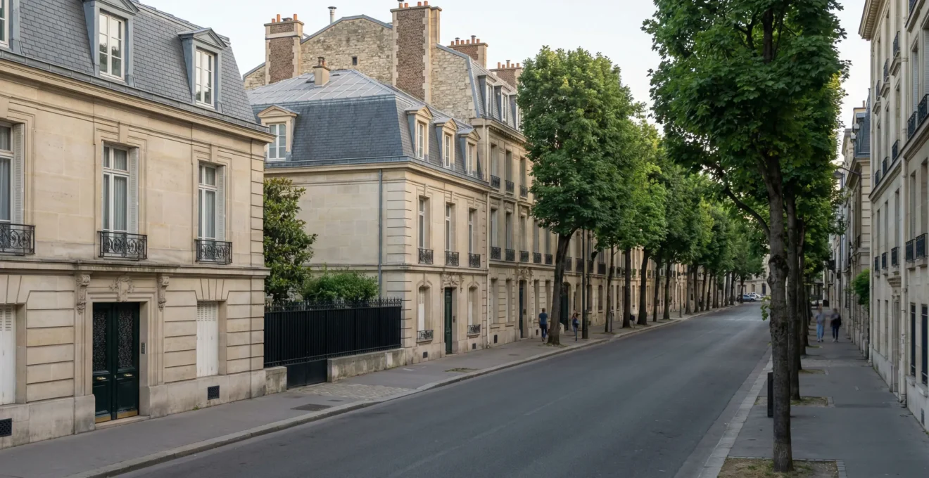 Rue résidentielle bordée d'arbres dans un quartier calme de Saint-Germain-en-Laye (choix EHPAD)