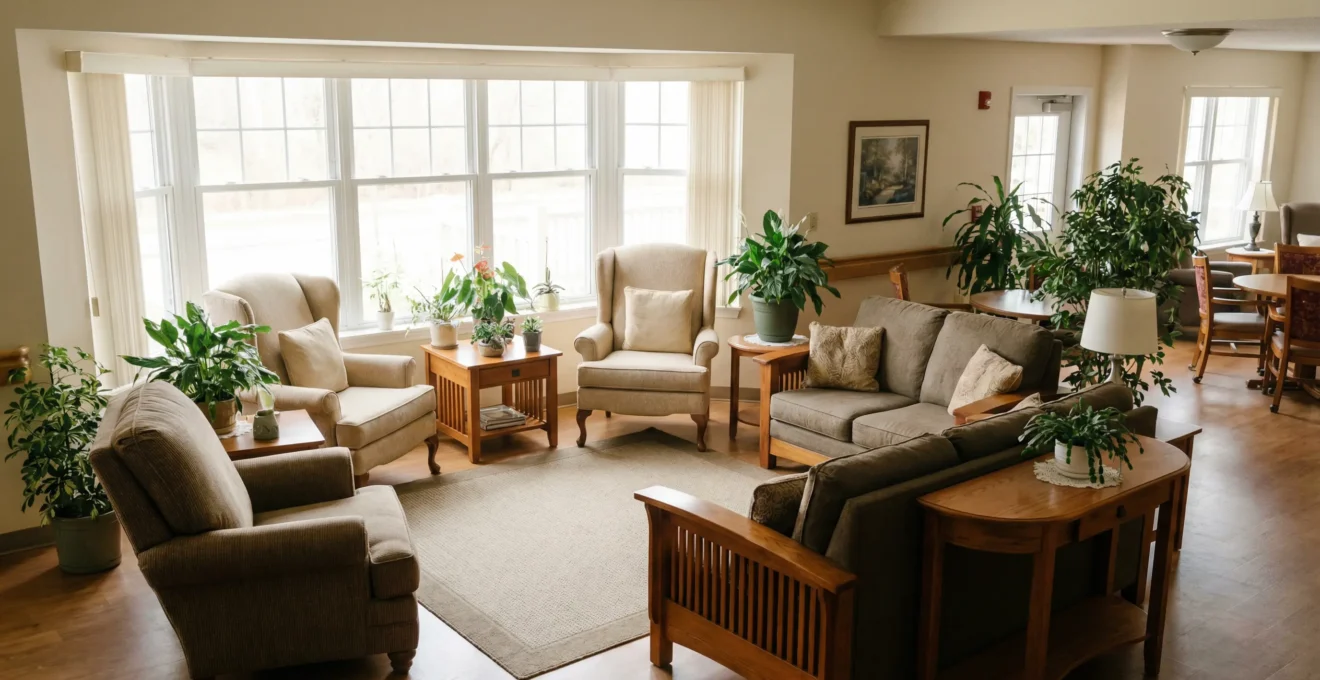 Intérieur lumineux d'une salle commune de résidence seniors avec mobilier confortable pour visite EHPAD